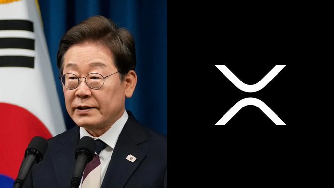 A split image showing South Korean President Lee Jae-myung at a podium on the left and the XRP (X) cryptocurrency logo on the right.