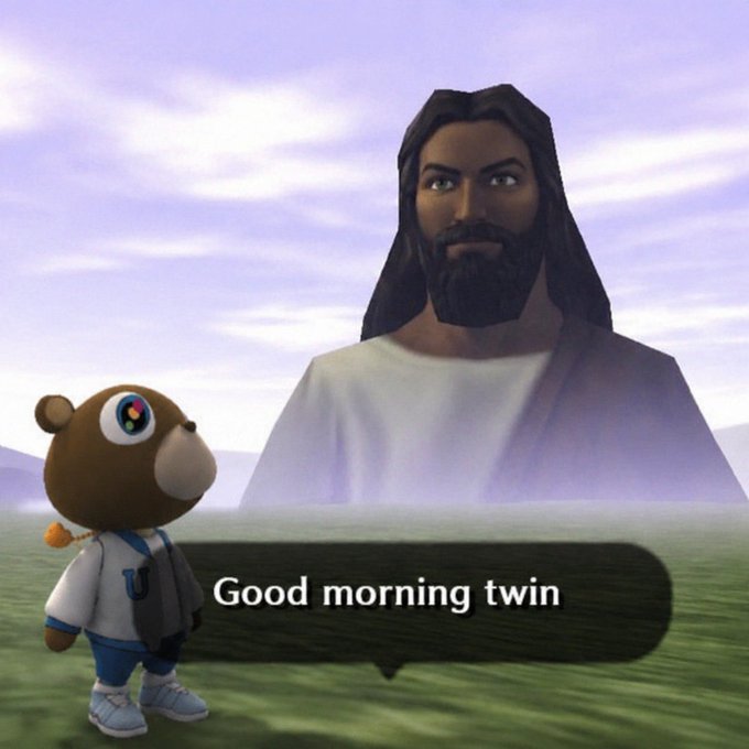 A cartoon bear character in a varsity jacket faces a giant Jesus figure in a cloudy landscape, with a dialogue box reading "Good morning twin" — matching the post's "GM CT" greeting and framing it as a legendary awakening moment.