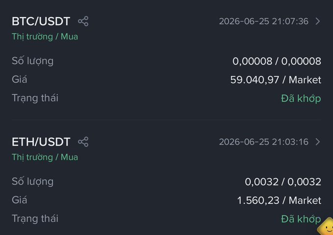 A crypto trading app screenshot showing two completed market buy orders: 0.00008 BTC/USDT at $59,040.97 and 0.0032 ETH/USDT at $1,560.23, both executed on 2026-06-25, illustrating the daily accumulation of Bitcoin and Ethereum despite the significant price drops mentioned.