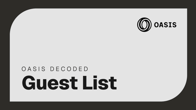 A black and white graphic with the 'OASIS' logo at the top right and text reading 'OASIS DECODED Guest List' below.