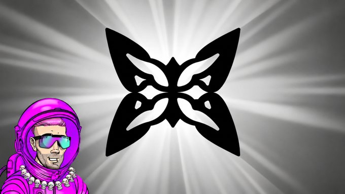 A futuristic astronaut figure with glowing teal sunglasses appears in the bottom-left corner alongside a bold black butterfly emblem radiating against a dramatic grayscale background. The image pairs with the post about @quip_network's quantum-resistant wallets, with the butterfly logo symbolizing the project's identity as a solution to quantum computing threats against crypto encryption.
