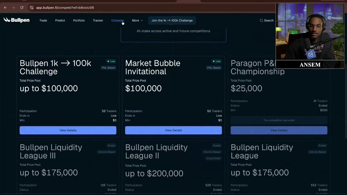 A screenshot of a website displaying various trade opportunities for Bullspen Liquidity League games. The main focus of the image is a table that lists three game options, each with different price points ranging from $1K up to $100K. The top left cell shows the most expensive option with a price of $500 per person who cracks the top 20 in the weekly race to $100,000 worth of prize pool. The middle cell features another game with a price of $50 per person and $25,000 in prize pool. The bottom right cell reveals a third game at $75K, which is relatively lower compared to the other options but still competitively priced. At the bottom of the screen, we see a post announcing the start date of the Bullspen Liquidity League race and encouraging people to participate by highlighting the opportunity's ease of entry.