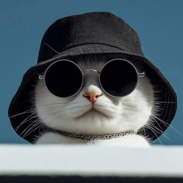 A stylish white cat wears a black bucket hat and round dark sunglasses, posing with a chain necklace against a teal background.
