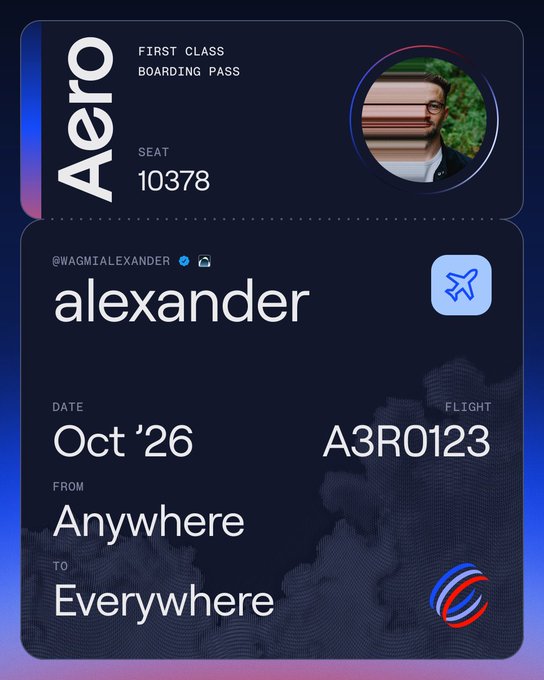 A first class "AeRO" boarding pass is displayed, featuring a profile photo of @wagmialexander with seat 10378, flight A3R0123, departing Anywhere on Oct '26, bound for Everywhere. The stylized travel ticket visually reinforces the post's teaser about being 48 hours from "takeoff" and obtaining a personalized boarding pass through @aero_agent.