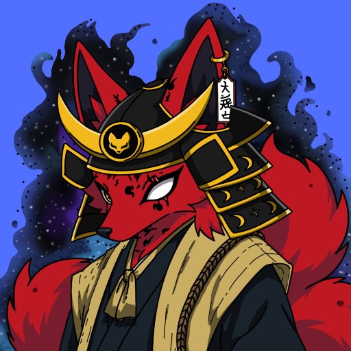 A stylized anime-style illustration of a red fox warrior wearing traditional Japanese samurai armor and helmet with a crescent moon crest and a tag reading '大祓' (great purification).