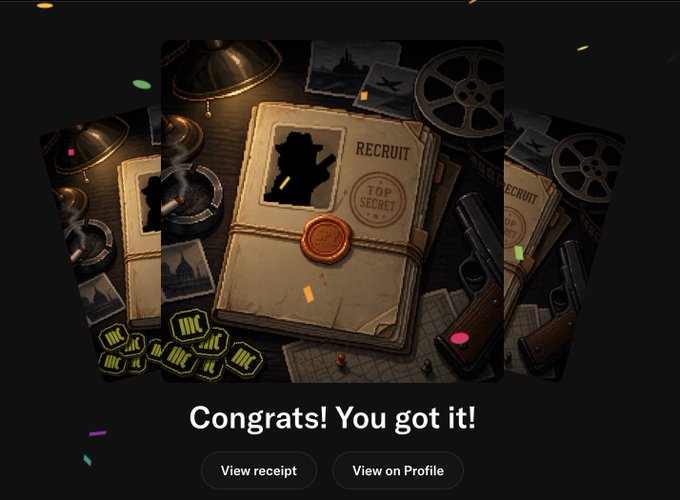 A digital receipt screen showing a 'Congrats! You got it!' message with an illustration of a 'RECRUIT' folder, a revolver, film reel, and 'MC' badges, with options to 'View receipt' or 'View on Profile'.