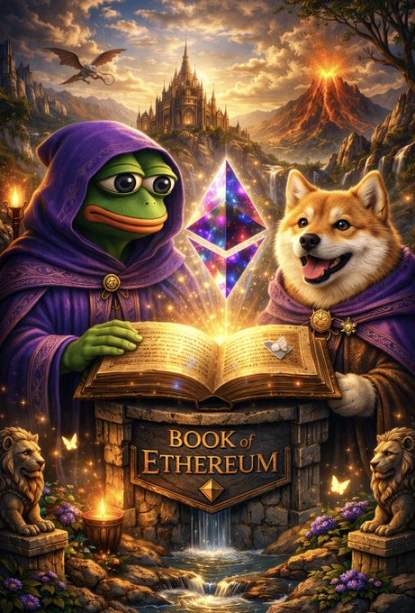 The image shows Pepe the Frog in a purple wizard robe and a Shiba Inu dog in matching regalia flanking an open spellbook atop a pedestal labeled "BOOK of ETHERUM," with the Ethereum logo crystal glowing between them against a fantasy castle backdrop. The caption ties into the post by visually representing the "heroes of culture" mentioned—Ethereum, Shiba, and Pepe—depicted as mystical guardians of a magical tome that promises to be a "cultural explosion" reaching a $100B valuation.