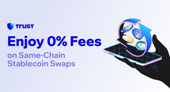 The image is a promotional graphic from Trust Wallet featuring the text "Enjoy 0% Fees on Same-Chain Stablecoin Swaps" alongside an illustration of a hand holding a smartphone displaying various stablecoin tokens being swapped. The graphic directly supports the post by highlighting Trust Wallet's 0% fee offering on stablecoin swaps across major chains.