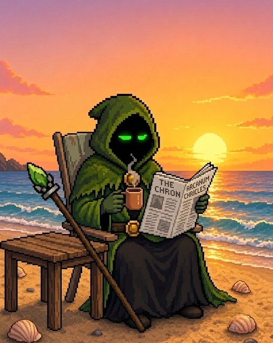 A hooded figure with glowing green eyes relaxes on a beach at sunset, sipping a drink while reading "The Arcanum Chronicles" newspaper, embodying a moment of calm reflection amid the relentless grind of the crypto/Web3 week ahead.