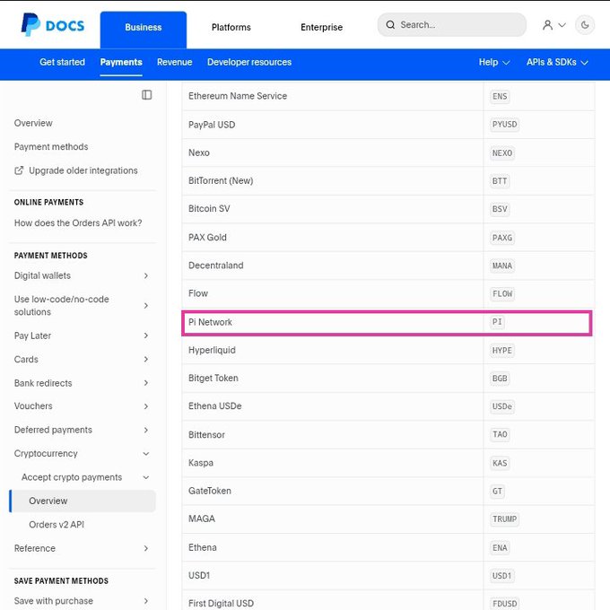 The image shows a screenshot from PayPal's official developer documentation under the "Cryptocurrency" section, where "Pi Network" is highlighted with its ticker symbol "PI" listed among supported cryptocurrencies like Ethereum Name Service (ENS), PayPal USD (PYUSD), Nexo (NEXO), BitTorrent (BTT), and Bitcoin SV (BSV). The highlighted entry supports the claim that PayPal has officially added Pi Network to its supported cryptocurrency list for Pay with Crypto functionality.