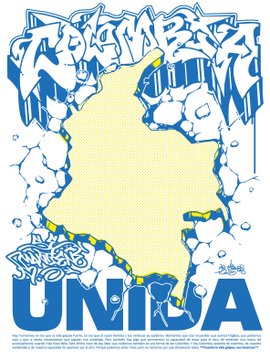 A graffiti-style poster with the text 'MONSTER' at the top and 'UNITA' at the bottom, framing a blank yellow center space with cobblestone-like graphics in blue and white.