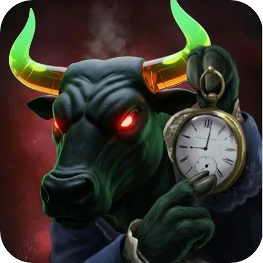 A fantasy illustration of a menacing bull with glowing green horns and red eyes, holding a vintage pocket watch in a dramatic dark setting.