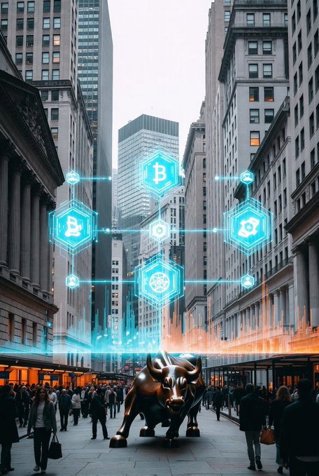 A surreal composite image of the Wall Street Bull statue superimposed over a city street, with glowing cryptocurrency icons like Bitcoin floating above.