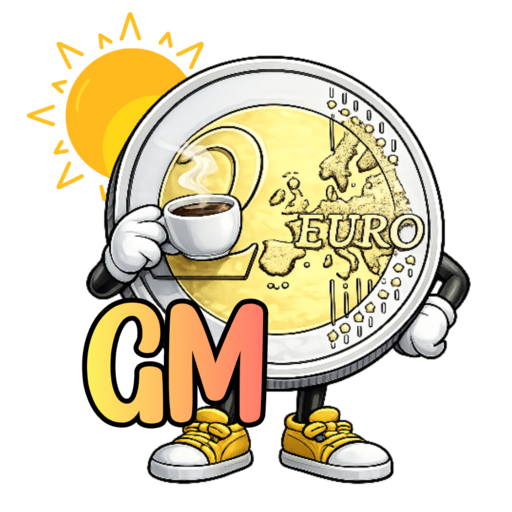 A cartoon 2 Euro coin mascot character holding a steaming coffee cup, wearing sneakers, with 'CM' letters and a sun in the background.