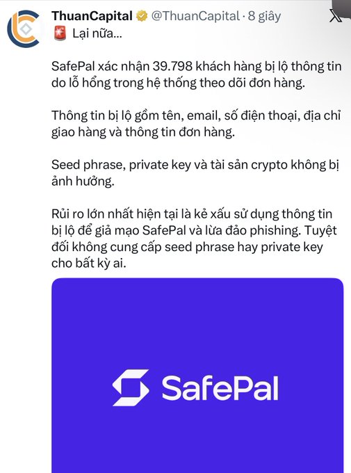 A Vietnamese tweet from @ThuanCapital announces that 39,798 SafePal customers had their information leaked in a tracking system breach, warning users about potential phishing scams.