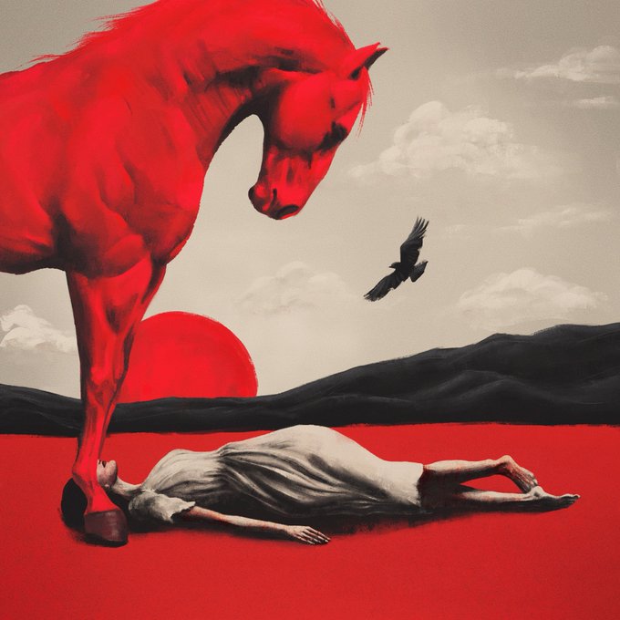 A massive red horse stands over a prone figure in a white dress lying on a vivid red landscape, with a black bird flying in the distance against a muted sky—evoking the artwork's title "Red Horse" and its theme of devoted vulnerability before a threatening force.