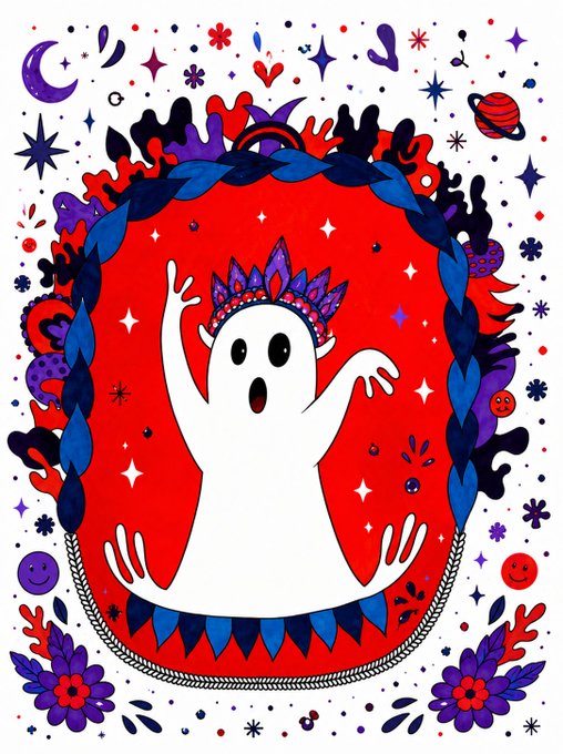 A cute cartoon ghost wearing a colorful crown strikes a startled pose inside a red medallion framed by braided blue and red borders, surrounded by a whimsical array of stars, planets, flowers, and hearts. The artwork visually reflects the post's playful theme "Where Even Ghosts Tremble!"—the ghost's wide-eyed expression embodying that very idea—as it's being offered as a new physical/digital piece for minting at 3 XTZ with 29 days remaining.