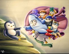 A whimsical digital illustration features a penguin-like creature and a cheerful character in a flying teapot vehicle over a rocky landscape.