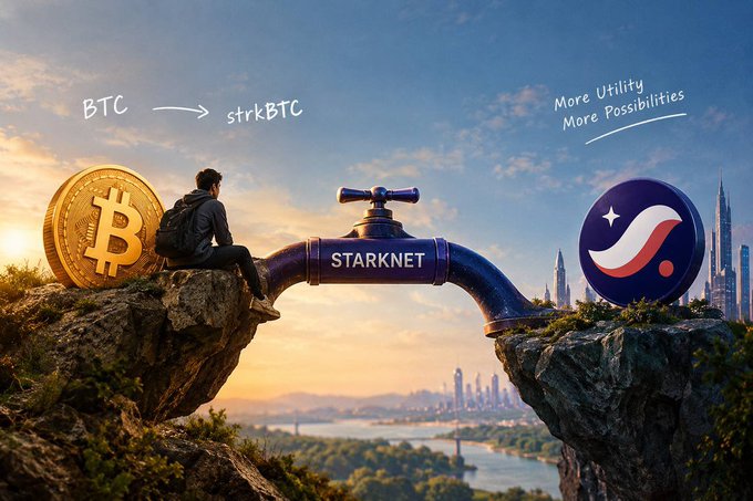A promotional image showing a person sitting on a cliff with a Bitcoin coin, with text 'BTC → strkBTC', 'STARKNET' on a bridge/pipe, and 'More Utility More Possibilities' near a StarkNet logo.