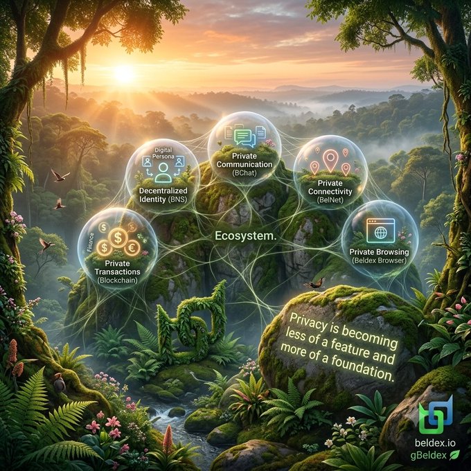 A promotional graphic for "beldex.io" showing a lush forest landscape with interconnected bubbles representing its ecosystem, including "Digital Persona," "Private Communication (BChat)," "Private Connectivity (BelNet)," "Private Transactions (Blockchain)," "Decentralized Identity (BNS)," and "Private Browsing (Beldex Browser)," with the tagline "Privacy is becoming less of a feature and more of a foundation."