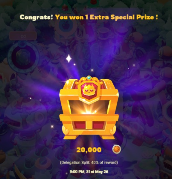 The image features a golden chest with a shield design, surrounded by stars and other elements typical of a video game or fantasy setting. The chest contains a message congratulating the player for winning an extra special prize, which is worth 20,000 points. The post also mentions that the player's wife has been playing the game since launch and has completed almost every quest in it.