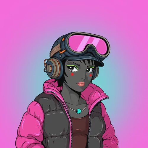 A digital illustration of a stylized female character with dark skin, wearing a pink and black puffer jacket, ski goggles on a cap, and a turquoise necklace against a pink and blue gradient background.
