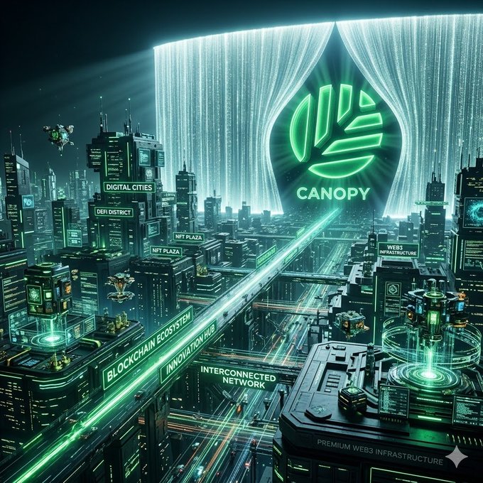 A futuristic cyberpunk cityscape glows in neon green, featuring prominent labels like "DIGITAL CITIES," "DEFI DISTRICT," "NFT PLAZA," "WEB3 INFRASTRUCTURE," "BLOCKCHAIN ECOSYSTEM," "INNOVATION HUB," and "INTERCONNECTED NETWORK," all converging beneath a massive "CANOPY" logo framed by illuminated curtains.

The image visually reinforces the post's thesis by depicting Canopy not as a single towering skyscraper competing for attention, but as a unifying canopy spanning over an entire interconnected Web3 ecosystem—mirroring the author's view that Canopy's strength lies in its holistic, foundational direction rather than any one feature.
