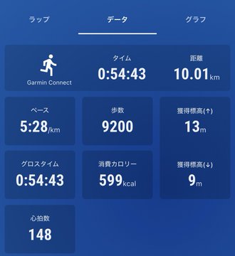 A Japanese fitness tracking app screen in Japanese showing run data: time 0:54:43, distance 10.01 km, 9200 steps, 599 kcal burned, and heart rate 148.
