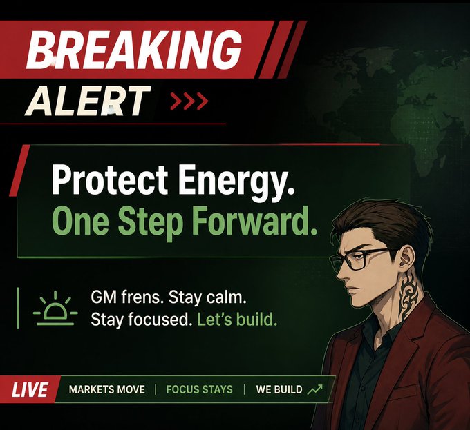 A news-style graphic with a 'BREAKING ALERT' banner, showing an anime-style man with glasses and the text 'Protect Energy. One Step Forward.' and 'GM frens. Stay calm. Stay focused. Let's build.'