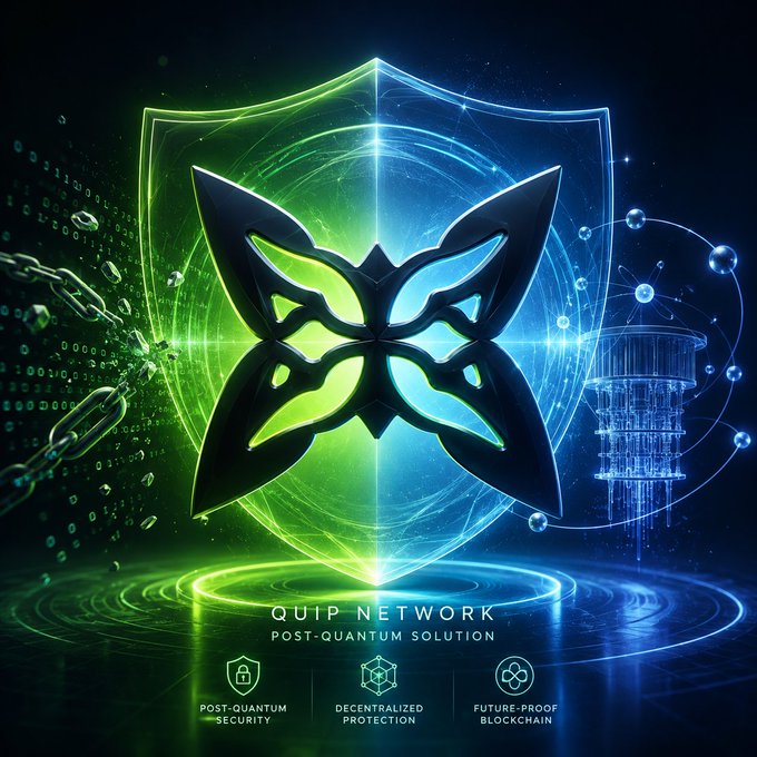 The image features a green butterfly-shaped shield with a blue background that says "quip network" at the top. The shield has a chain attached to it, which adds an interesting visual element to the design. Below the shield, there is text that reads "post-quantum solution". This suggests that the company behind this image might be focusing on developing new technologies or solutions related to post-quantum computing and cryptography.