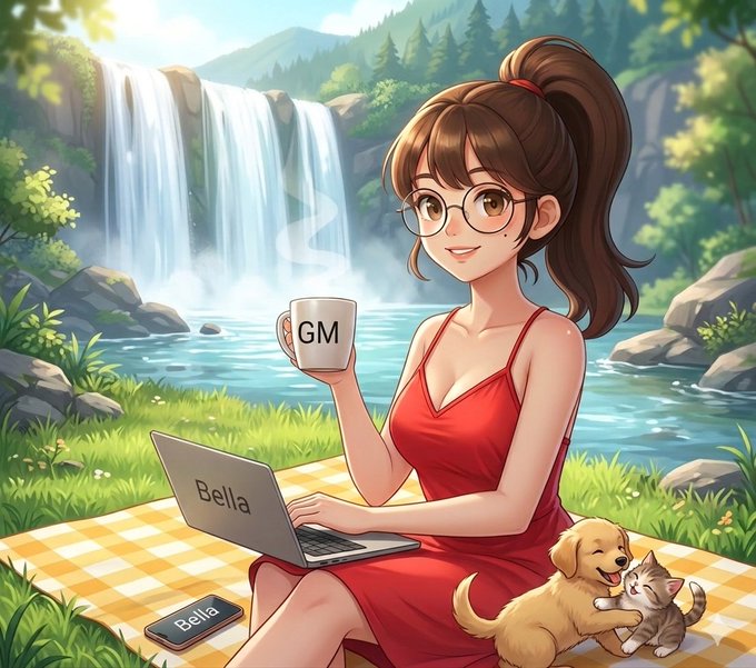The image features a woman sitting outdoors, using her laptop while surrounded by nature. She has two dogs with her - one dog is sitting next to her, and another dog is lying down nearby. There are also two cats present in the scene. A cup of coffee can be seen on the table as well. The post seems to be promoting a product or service related to the woman's outdoor activities, possibly related to nature or pet care.