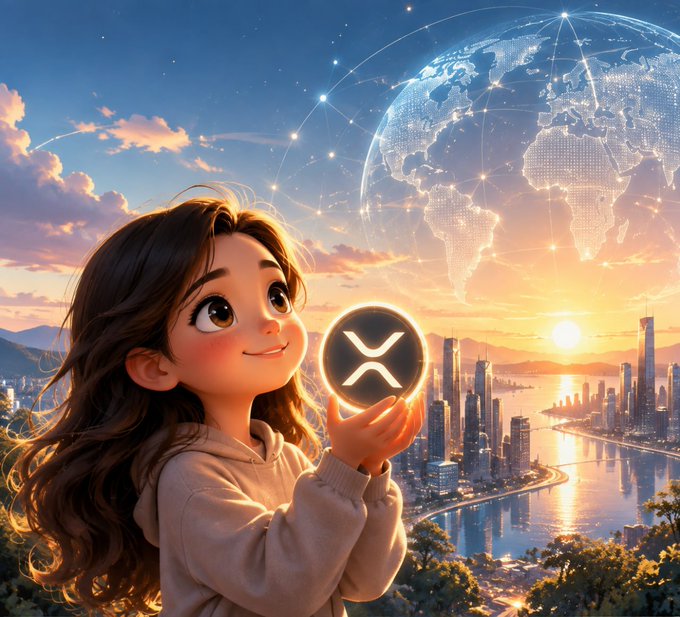 A 3D animated-style illustration of a young girl holding a glowing XRP coin, with a futuristic city, sunset, and a digital globe in the background.