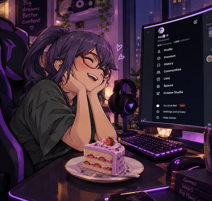 An anime-style illustration of a smiling girl with dark hair and glasses sitting at a computer desk with a slice of strawberry cake, with an X (Twitter) profile sidebar visible on the monitor.