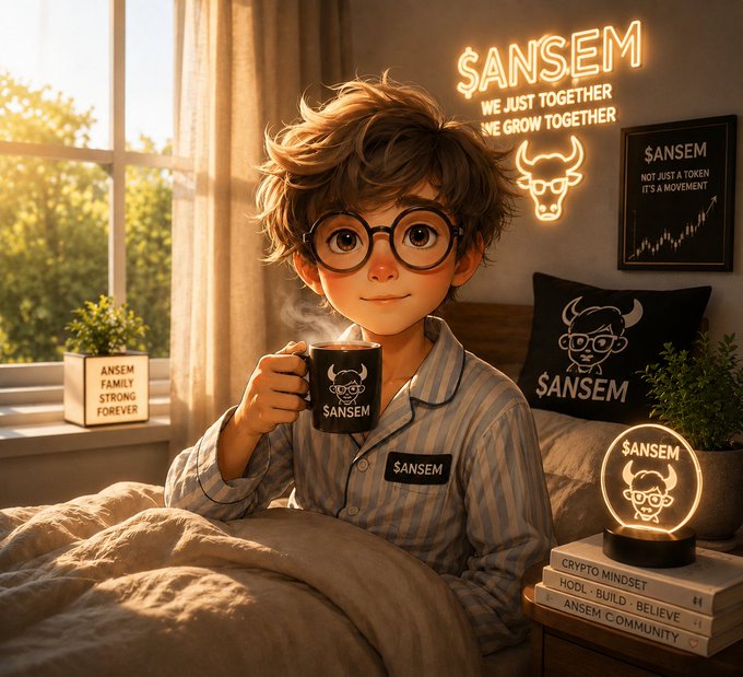 A young boy with glasses sits in bed sipping from a "$ANSEM" mug, surrounded by $ANSEM-branded merchandise including a neon sign reading "WE JUST TOGETHER WE GROW TOGETHER," a pillow, a nightlight, and books titled "CRYPTO MINDSET" and "ANSEM COMMUNITY," with a framed sign stating "NOT JUST A TOKEN IT'S A MOVEMENT." The cozy, warm-lit scene captures the family-like, supportive spirit of the $ANSEM community highlighted in the post's message about unbreakable vibes and unity regardless of market conditions.