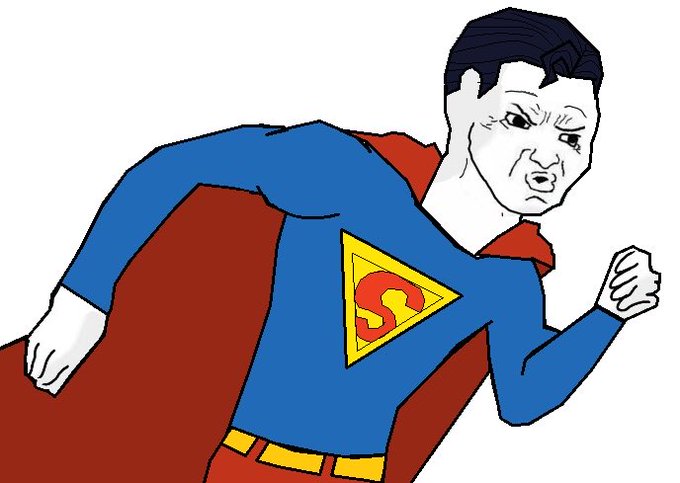 An illustrated meme-style image of a figure in a Superman costume, featuring the iconic blue suit with red cape, yellow 'S' shield, and a scowling, sweaty human face photoshopped onto the head.