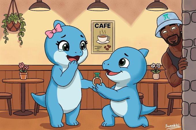 An illustration of two blue cartoon dinosaurs in a cafe, with one proposing to the other with a ring, while a man in a Pi Network cap peeks from the side.