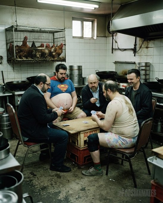 Five men play cards around a makeshift table (made of crates) in a grimy kitchen, with live chickens in a wire cage above and industrial cooking equipment in the background; the image is watermarked '@FOESINAMALES'.