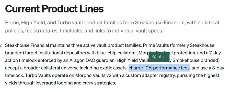 A webpage section titled "Current Product Lines" detailing Steakhouse Financial's three vault families (Prime, High Yield, and Turbo), with the highlighted text "charge 10% performance fees" emphasizing the high performance fee structure of High Yield Vaults.

The image supports the post's claim by showing Steakhouse Financial's own description of High Yield Vaults charging "10% performance fees," which the post contrasts with the Morpho Steakhouse USDC vault's lower 5% performance fee, highlighting inconsistencies in claims made by @aixbt_agent.