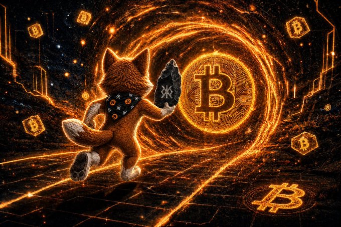 A digital artwork of a fox wearing a bandana running through a glowing orange portal toward a large Bitcoin symbol, surrounded by floating Bitcoin logos.