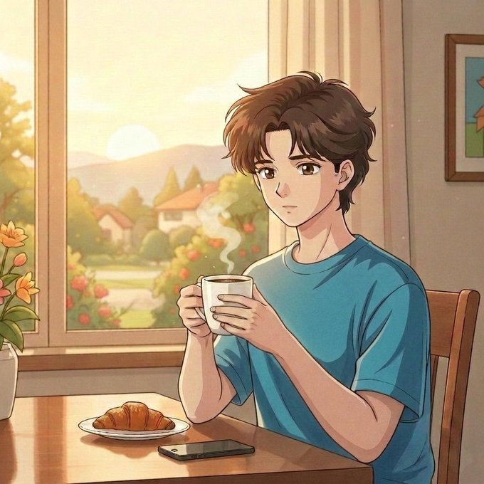 An anime-style illustration of a young man in a blue t-shirt holding a steaming cup of coffee at a table with a croissant and smartphone, looking out a window at a sunset landscape.