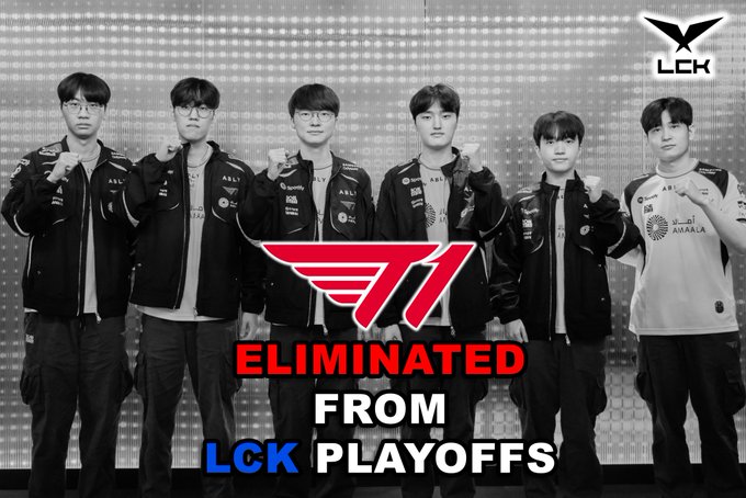 The black-and-white image shows the T1 esports team posing together in a row, with the LCK logo in the top right corner. Bold text overlaid reads "ELIMINATED FROM LCK PLAYOFFS" alongside the red T1 logo, visually confirming the post's announcement of T1's playoff elimination following their loss to HLE.