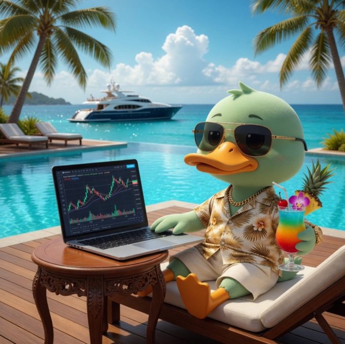 The image features a cartoon duck sitting on a wooden table next to an open laptop computer. The duck appears to be wearing sunglasses and holding a colorful drink. In the background, there are palm trees and a boat visible near the water. The overall scene suggests that the duck is enjoying a relaxing moment by the pool while working or browsing the internet.