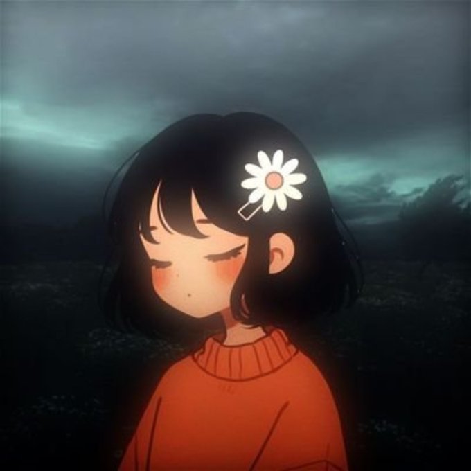 The image features a girl wearing an orange sweater with a flower in her hair. The background of the image shows a dark sky filled with clouds, giving off a gloomy atmosphere. There are also some flowers visible in the scene. The caption at the bottom of the image reads "good night friends Sleep tight, let' s connect with $HOTEMIN, see u at @ GM tomorrow".