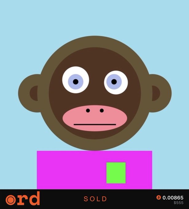 A cartoon monkey face with blue eyes and a pink snout above a purple rectangle with a green square, labeled "SOLD" with Ord at 0.00865 ($555).