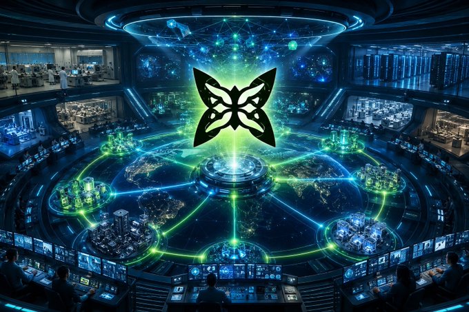 The image features an abstract scene with a large butterfly-like shape surrounded by green lights. The butterfly appears to be floating above a computer screen, which is located at the center of the image. Surrounding this central figure are various screens displaying different data or information related to computers and technology. The overall atmosphere suggests that the focus is on the advancements in computing and technology, with a particular emphasis on the potential of quantum computing.