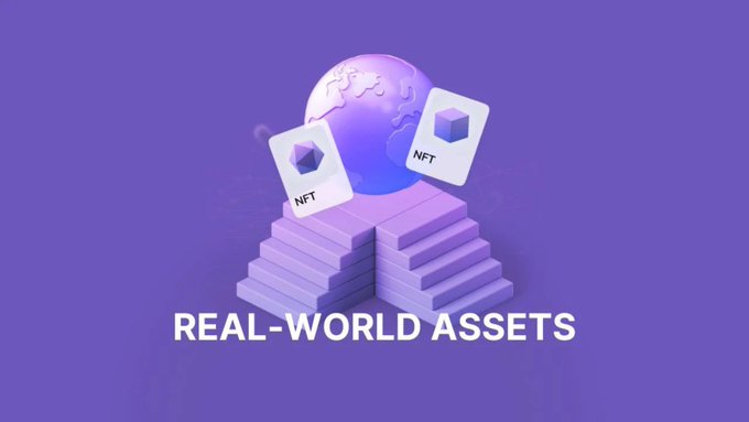 A 3D-rendered graphic on a purple background showing the text 'REAL-WORLD ASSETS' with a globe, NFT cards, and stacked blocks representing financial infrastructure.