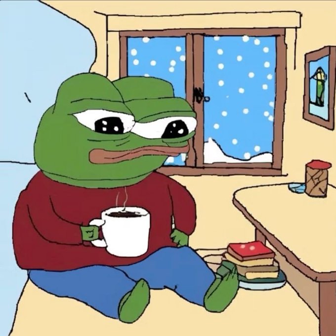 The image shows a sad Pepe the Frog character sitting on the floor holding a steaming coffee mug, with a window showing snow falling outside and a plate of toast on the table nearby. It relates to the post as a humorous depiction of the "sad Pepe" meme used to express weary resignation while watching the chaotic competition between Pumpfun APU and Fomo APU tokens.