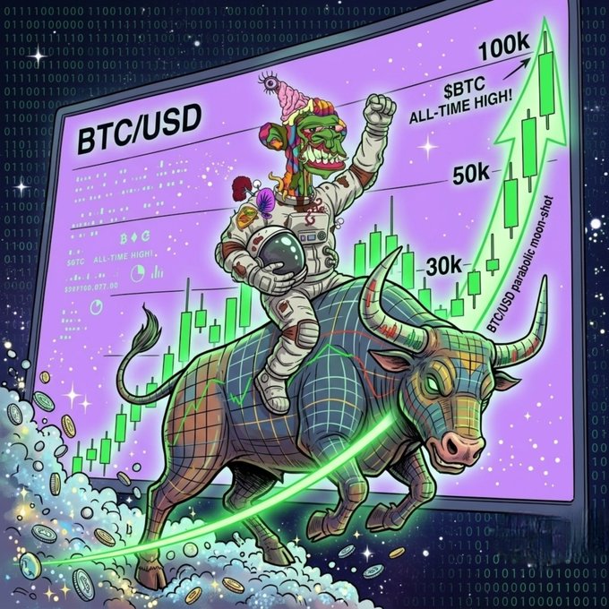 A vibrant illustration shows an astronaut-clad bull rider, wearing a jester hat and holding a "S" charm, charging upward on a glowing green candlestick chart labeled "BTC/USD" with milestones at 30k, 50k, and "100k $BTC ALL-TIME HIGH!"—a bullish scene perfectly capturing the post's "GM bulls" spirit of optimistic, profitable crypto trading.