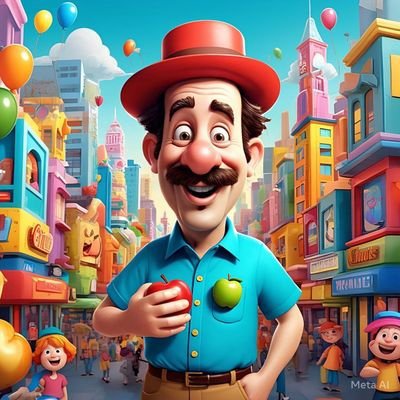 A 3D animated-style image of a cheerful cartoon man with a mustache, red cap, and blue shirt holding an apple and tomato, standing on a colorful city street with smiling children, balloons, and a 'Meta AI' watermark.