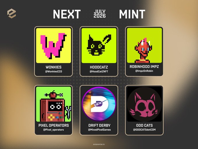 A 'NEXT MINT JULY 2026' announcement featuring six pixel-art NFT collections: WONKIES, HOODCATZ, ROBINHOOD IMPZ, PIXEL OPERATORS, DRIFT DERBY, and ODD CATS.